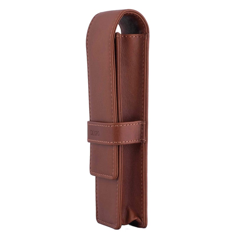 DiLoro Leather Double Pen Case Pencil Pouch Holder for Two Fountain Pens Ballpoint Rollerball and Pencils (Bugatti Tan) - Image 2